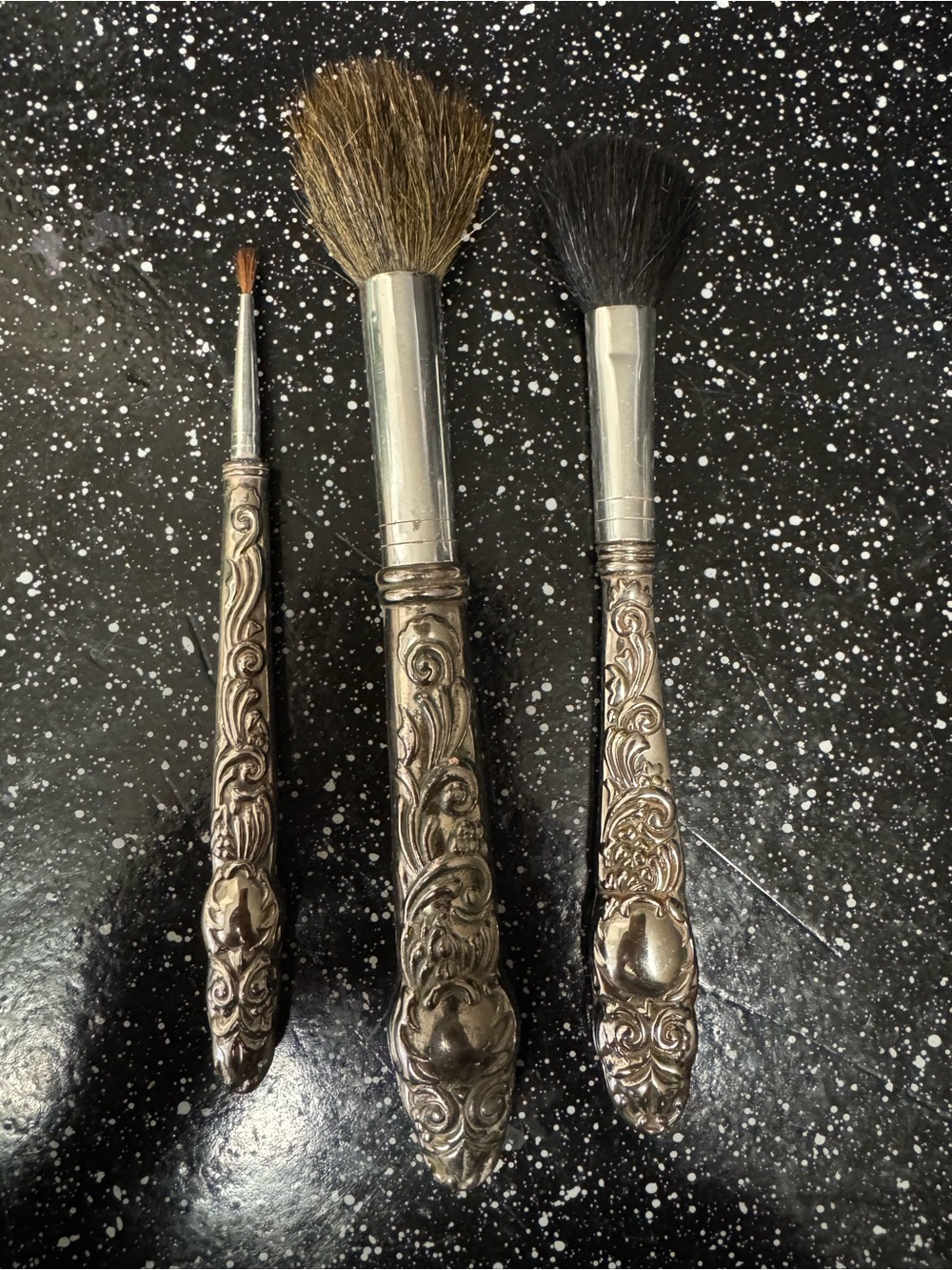 Ornate Silver-Tone Makeup Brush Set - 3 Pieces